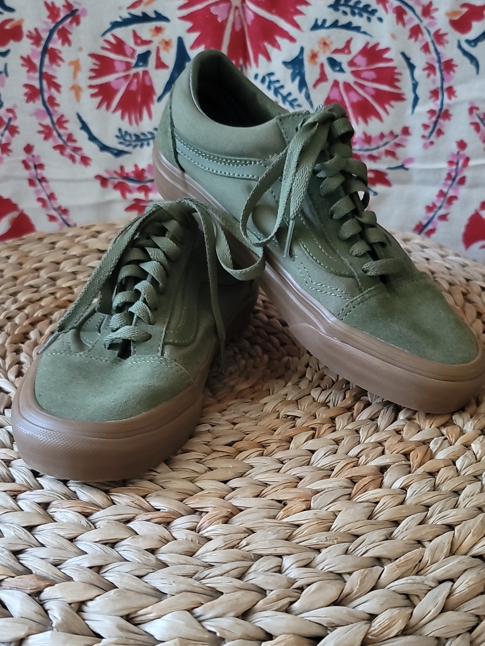 Vans Olive Green Suede/Canvas Low-Top Old Skool Sneakers with Gum Sole